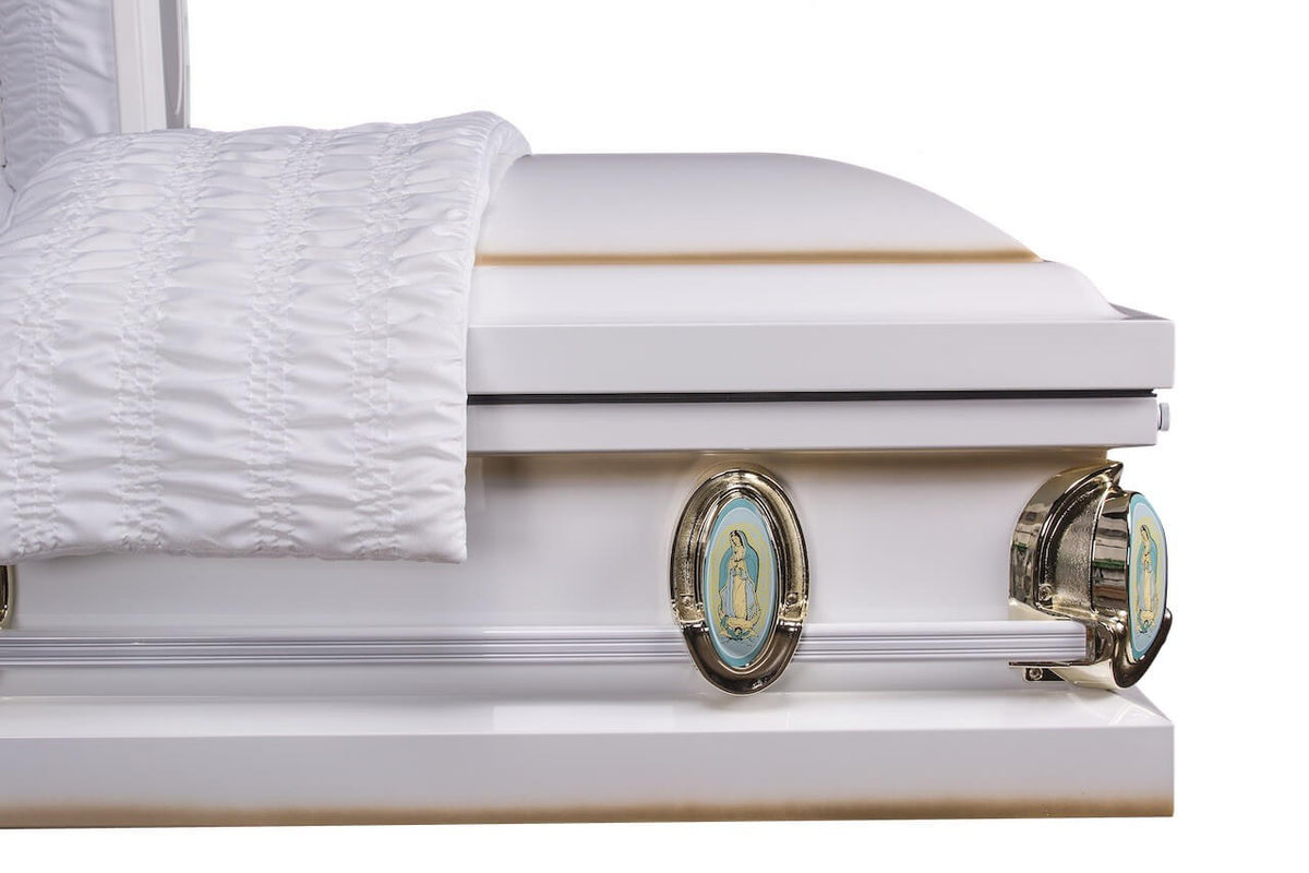 Funeral Casket "Our Lady" White and Gold Finish with White Interior