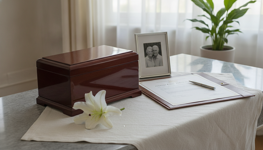 Elderly couple reviewing prepaid funeral plan documents with an advisor