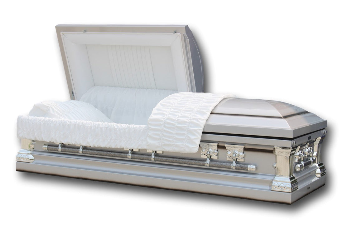 Silver "Knight" casket with white interior, purchased online for NYC funerals.