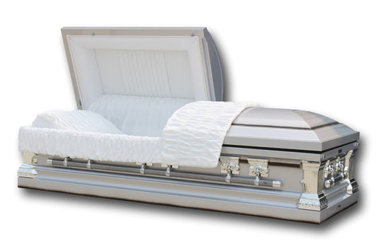 Silver "Knight" casket with white interior, purchased online for NYC funerals.