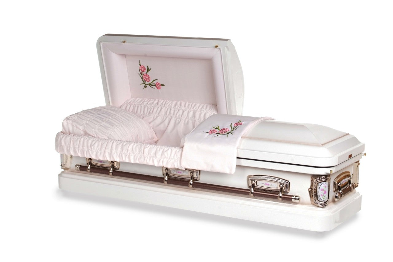 white and pink casket