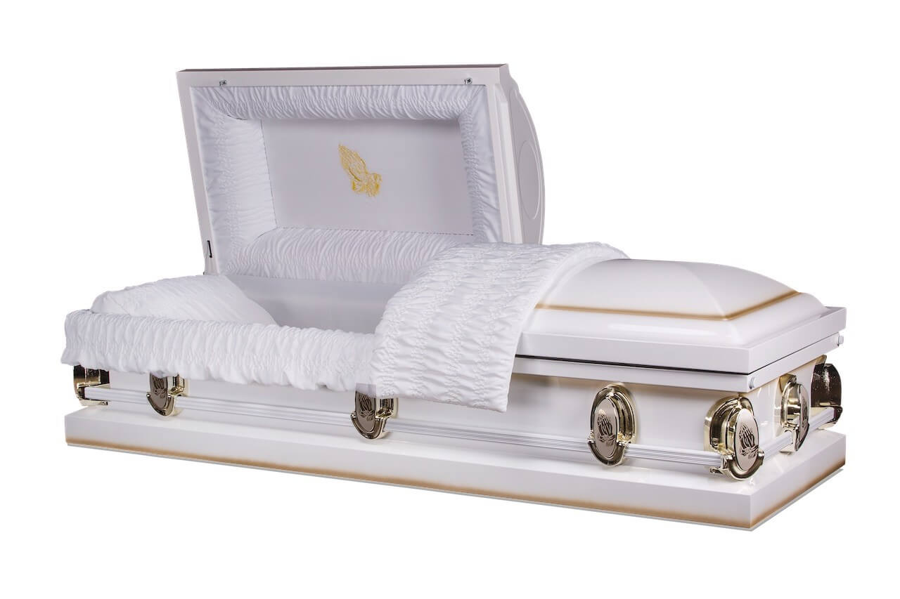 white and gold casket