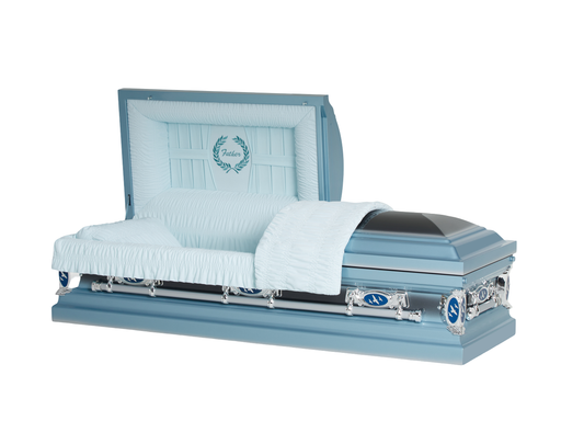 Father Casket in Monarch Blue and Light-Blue finish with blue interior