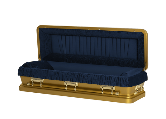 Solara Gold & Blue Full Couch Casket with Denim Velvet Interior