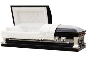 Funeral Casket Knight Black- Black and Silver Finish with White Interior