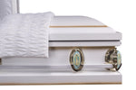 white funeral casket Lady of Guadalupe