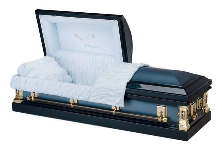 In God's Care - Funeral casket in Blue finish with Light Blue interior by Trusted Caskets