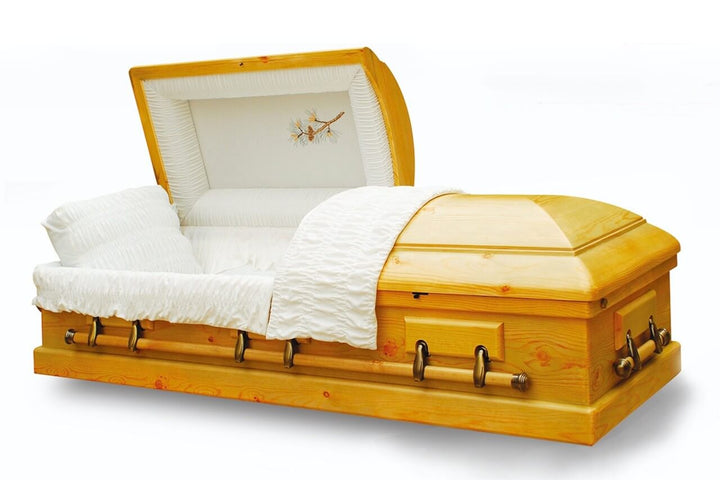 Old Cedar - Solid Pine Wood Casket in Gloss Finish and White Velvet Interior - Trusted Caskets