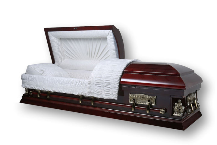 funeral casket "Pieta Last supper" - Solid Cherry Wood Casket with Ivory Interior by Trusted Caskets
